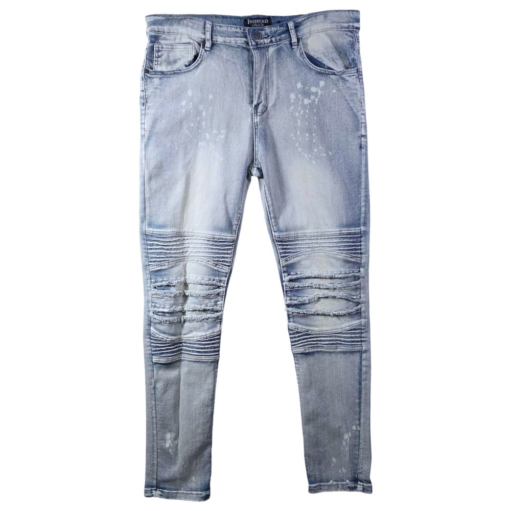 Freehold Denim Factory Mens 36x32 Moto Skinny Jeans Light Wash Splatter Edgy